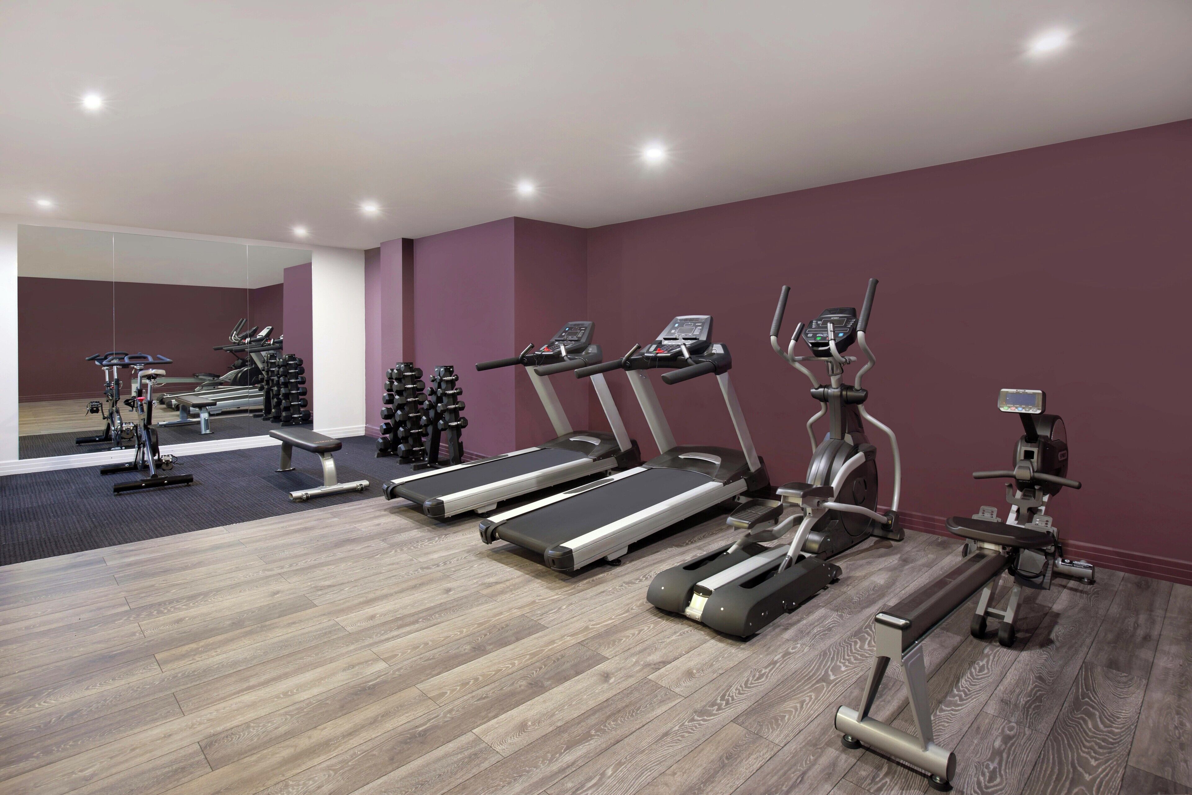 A gym with treadmills, elliptical machines, and weight benches.