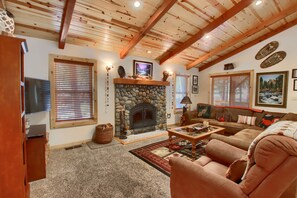 Televisión, chimenea, reproductor de DVD y libros 