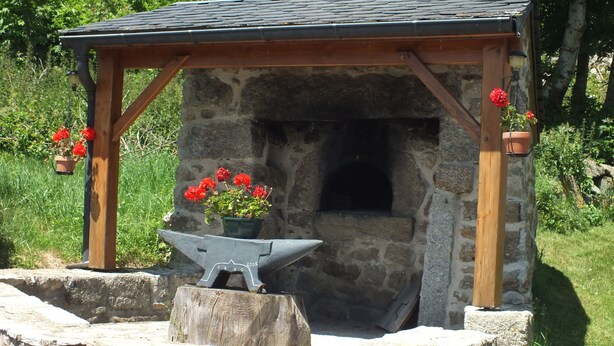 Un horno de piedra al aire libre con techo de madera, rodeado de follaje y plantas en macetas.