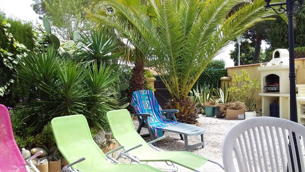 A garden area with outdoor seating, a palm tree, and a barbecue area. -  * RUNNING AND WALKING BEACH * enclosed garden * CLIM * WIFFI * PARKING * (Saint-Cyprien)