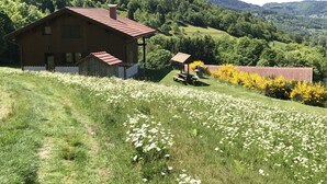 Ein hölzernes Haus mit rotem Dach, umgeben von einer grünen Wiese mit weißen Blumen, und ein bewaldeter Hügel im Hintergrund.