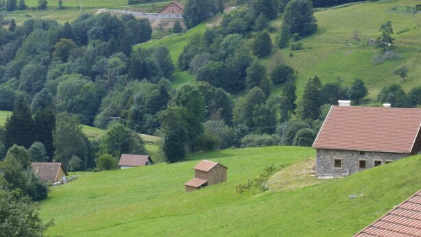 Eine ländliche Landschaft mit einem kleinen Teich, einem Holzzaun und mehreren Häusern mit roten Dächern.