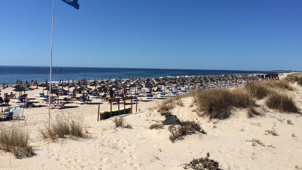 Une plage avec de nombreuses chaises longues et des parasols, un drapeau et un ciel bleu dégagé.