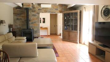 Télévision, lecteur de DVD, table de tennis de table, livres