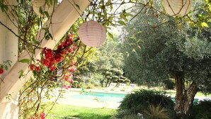 Un jardín con piscina, una pérgola cubierta de plantas trepadoras y un muro de piedra.
