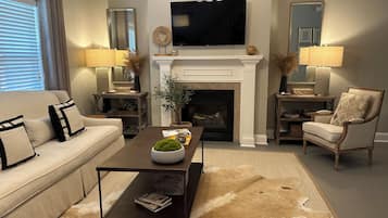 Smart TV, fireplace, books