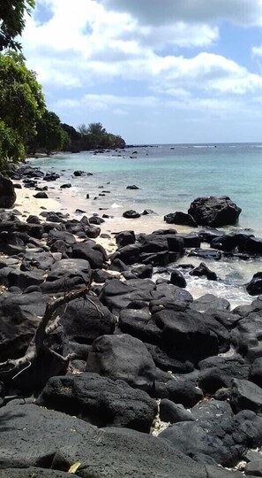 A rocky beach with clear turquoise water and a sandy shore.