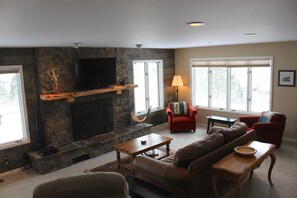 Smart TV, fireplace, DVD player, books