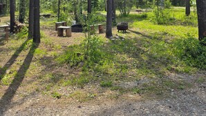 Ein bewaldeter Campingplatz mit Picknicktischen und einem Holzofen.