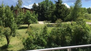 A view of a lush garden with various trees and a building in the background. - Country Living in the City (Bozeman)