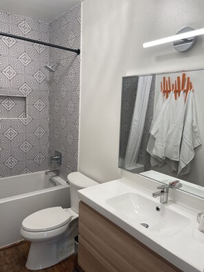 Combined shower/bathtub, hair dryer, towels, soap