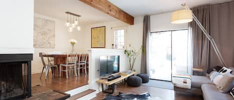 Smart TV, fireplace, books, music library