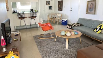 TV, DVD player, books, music library