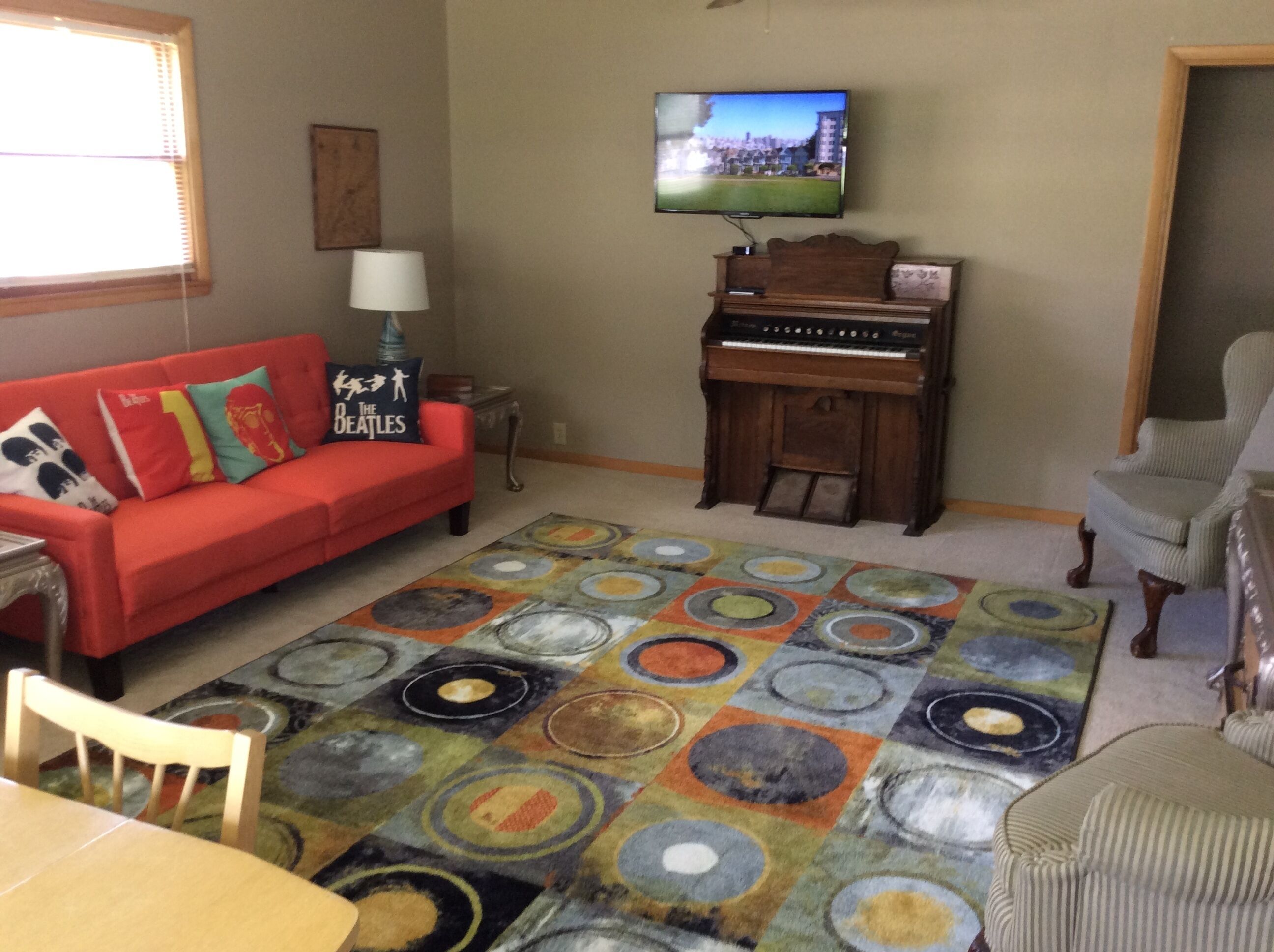 A guest house with unique decor featuring upcycled and recycled items.