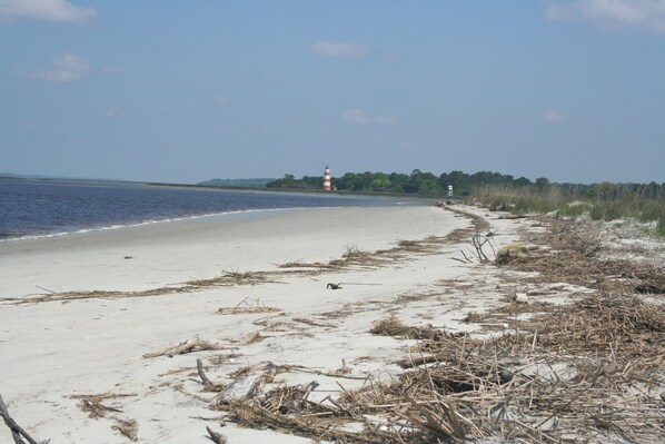 Een strand met een vuurtoren in de verte, een zandstrand en schaarse begroeiing.