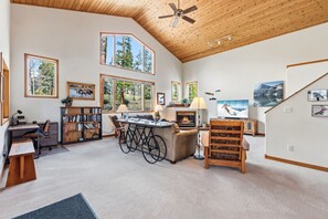 TV, fireplace, DVD player, foosball