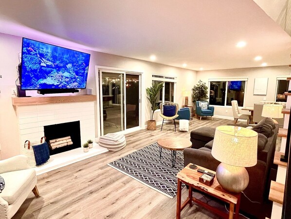 Smart TV, fireplace, books, stereo