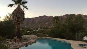 Une piscine à bord incurvé, entourée de rochers et de plantes, offrant une vue sur un paysage montagneux en arrière-plan.