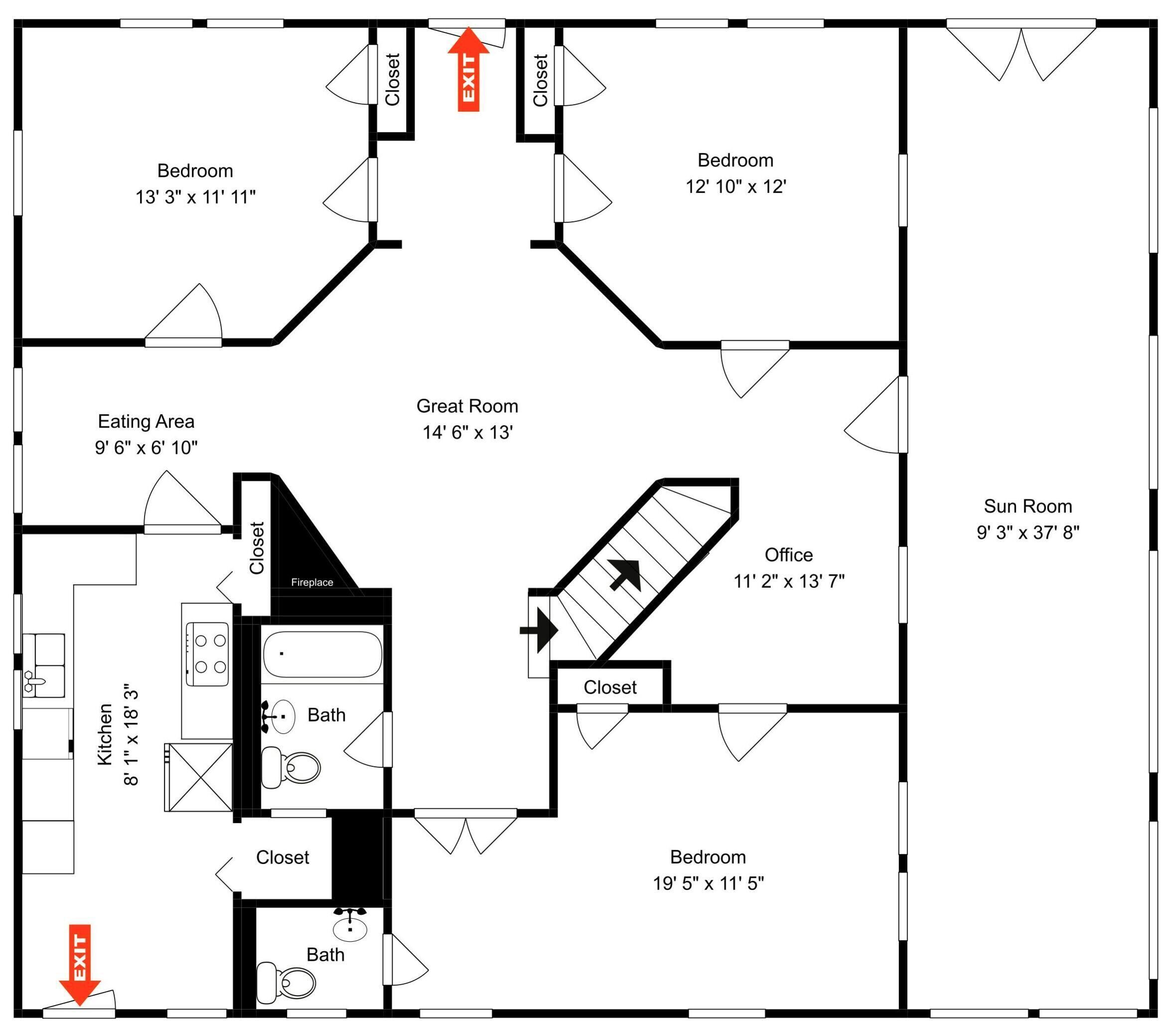 Un plan d’étage comprenant deux chambres, une grande pièce à vivre, un bureau, un solarium, une cuisine, un coin repas et une salle de bain.
