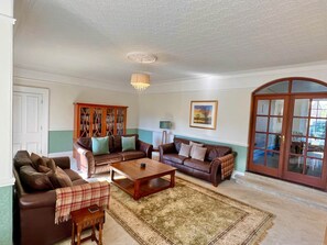 Télévision, cheminée, lecteur de DVD, livres