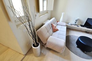 Télévision à écran plat, livres, chaîne hi-fi