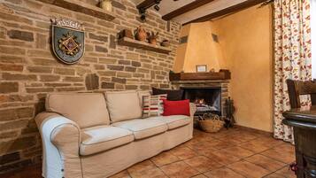 Een televisie, een open haard, een dvd-speler en boeken