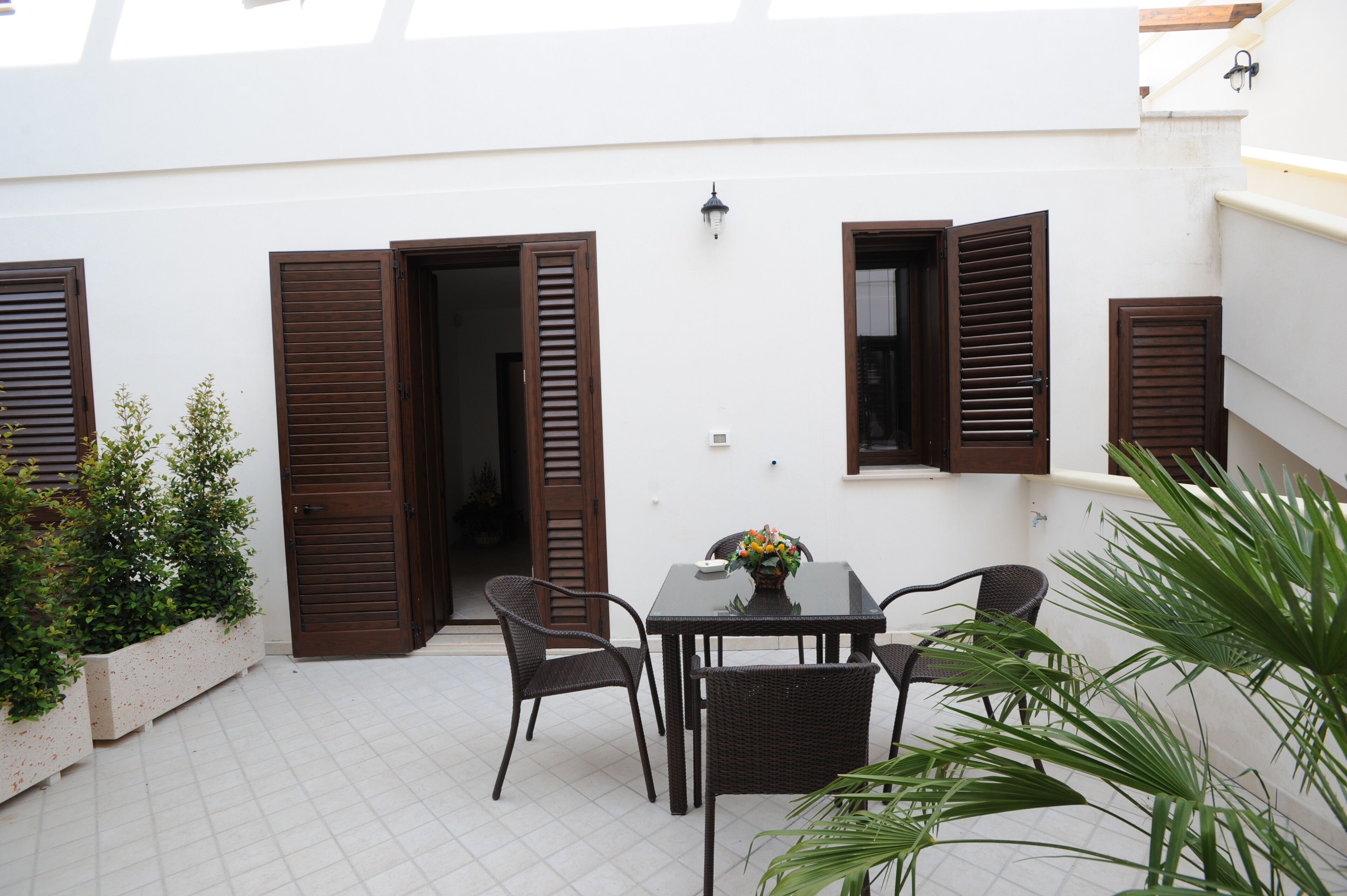 A patio area with a table and chairs, a potted plant, and a door with open shutters.