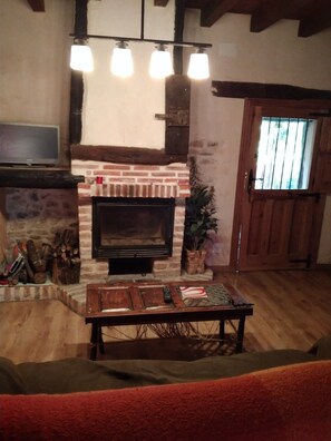 Televisión, chimenea y estéreo 