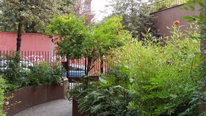 Ein Gartenbereich mit gewundener Steinweg, üppiger Bepflanzung und einer roten Wand im Hintergrund.