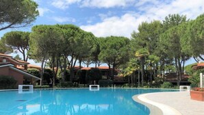 Una piscina de vora corba, envoltada per arbres i edificis amb teulades de color vermell.