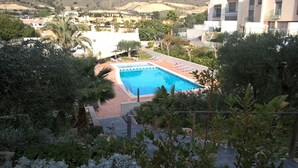 Una piscina circondata da palme e vegetazione, con vista su una zona residenziale sullo sfondo.