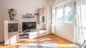 A modern living room with a flat-screen TV, wooden cabinets, a potted plant, and a large window with curtains. - Risan Apartment, Boka Bay (Risan)