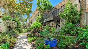 A residential building with a balcony, surrounded by lush greenery and a concrete pathway. - Sea Grape Inn #2- Beachfront Property (Longboat Key)
