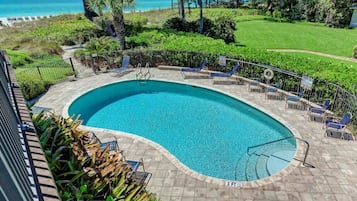 Ein Pool mit gewölbter Kante, umgeben von einer gepflasterten Liegefläche und Liegestühlen.