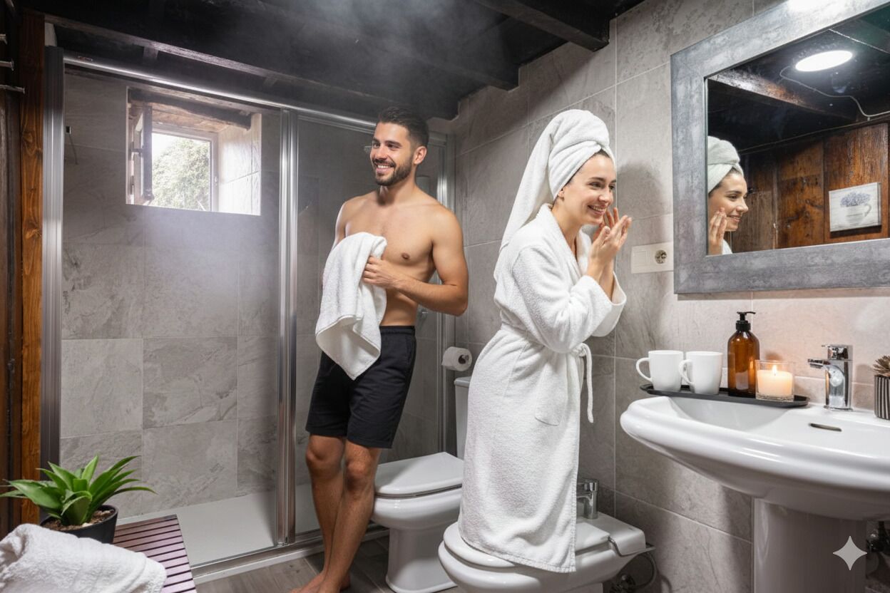 Een douche, een haardroger, een bidet, handdoeken