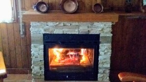 Un camino in pietra con fuoco acceso, pareti in legno e un quadro appeso sopra.