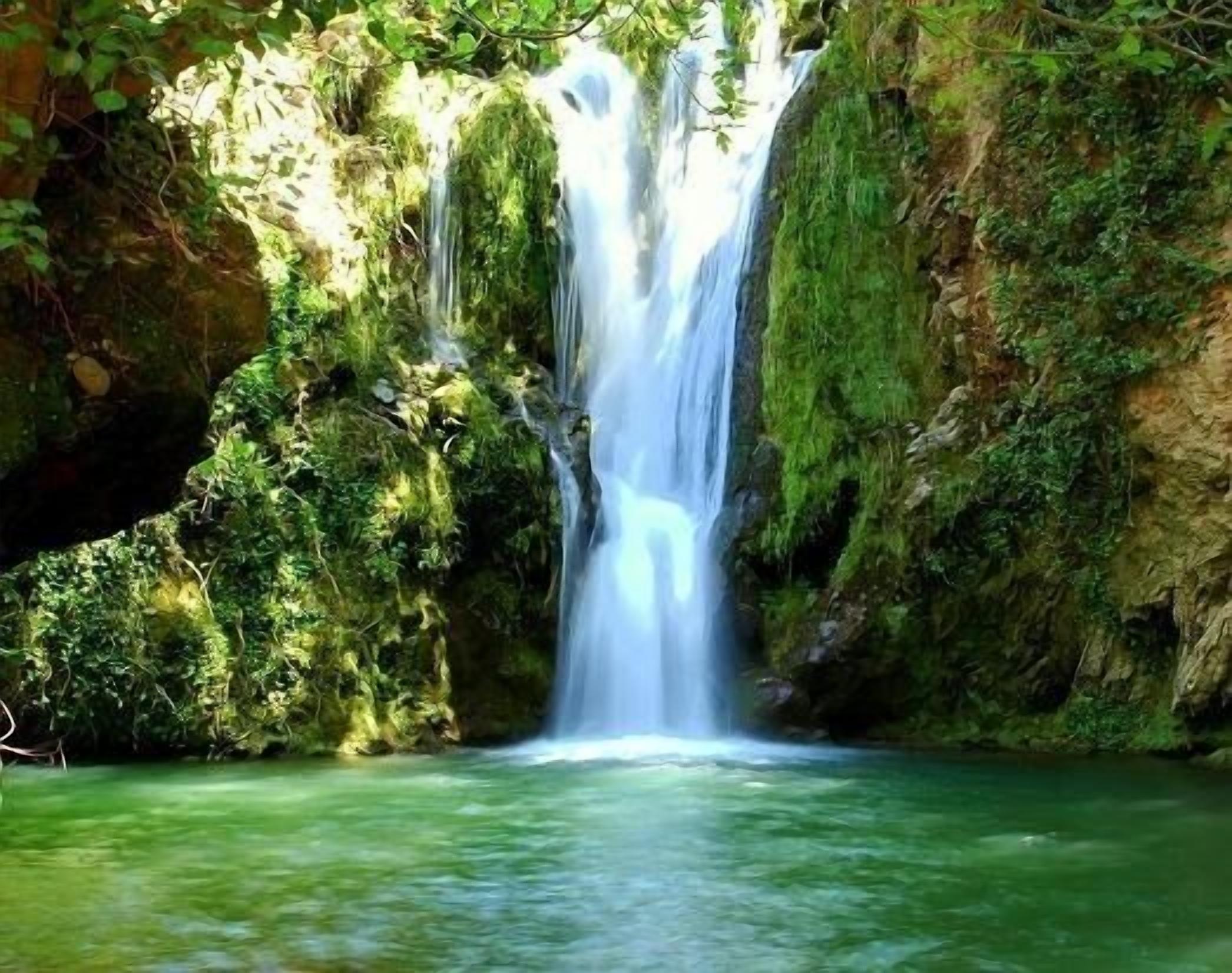 A waterfall cascading into a clear pool surrounded by moss-covered rocks.
