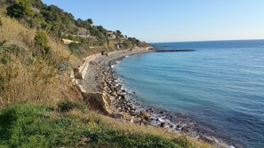 A coastal landscape with a rocky shoreline, a clear sky, and a distant view of the sea.
