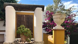 Una panca di pietra con una pianta in vaso e conchiglie, una porta in legno e un muro giallo con un vaso ornamentale bianco.