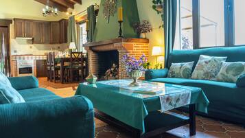 Una Smart TV, una chimenea, un reproductor de DVD, libros