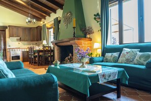 Smart TV, fireplace, DVD player, books