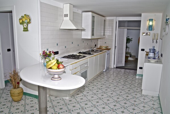 Une cuisine de taille réduite avec des meubles blancs, une cuisinière à gaz et un évier. On y trouve un vase décoratif avec des fleurs sur le plan de travail, ainsi qu'une petite plante en pot.