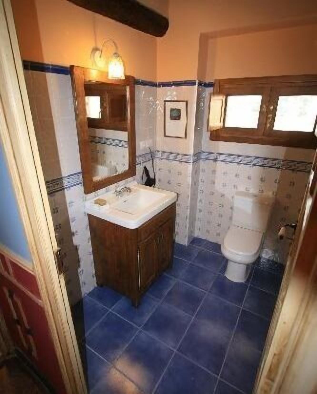 A bathroom with a wooden vanity, a white sink, a mirror, a toilet, and blue-tiled flooring.