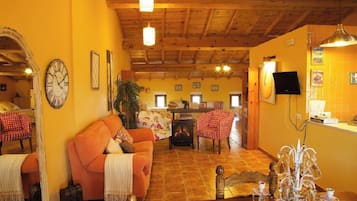 Smart TV, fireplace, books, video library
