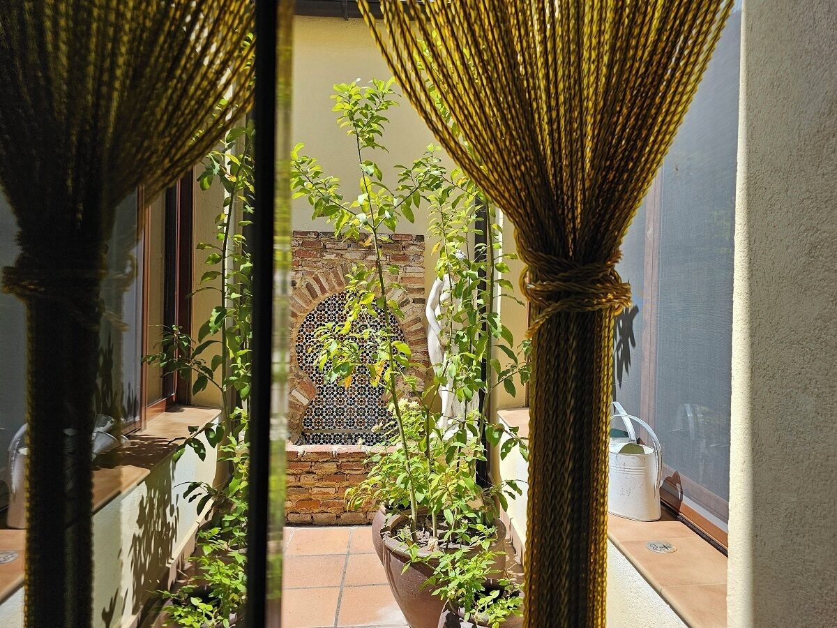 A courtyard with potted plants, a brick wall, and a window with a decorative screen.