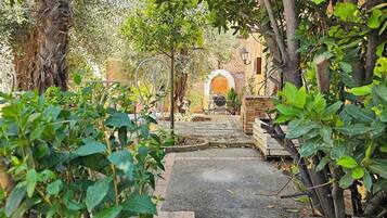A pathway leading to a building with an arched entrance, surrounded by greenery and a small table with chairs.