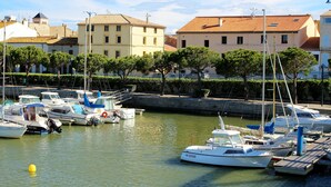 Un port de plaisance où sont amarrés des bateaux, entouré de bâtiments aux toits recouverts de tuiles rouges et d’un mur de pierre bordé d’arbres.