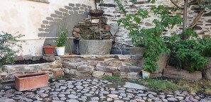 Stroll through this serene garden, surrounded by lush potted plants and a charming stone wall.