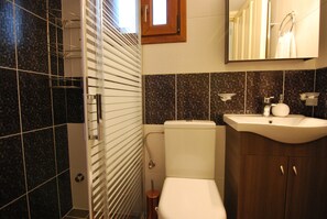 Shower, hair dryer, towels, shampoo