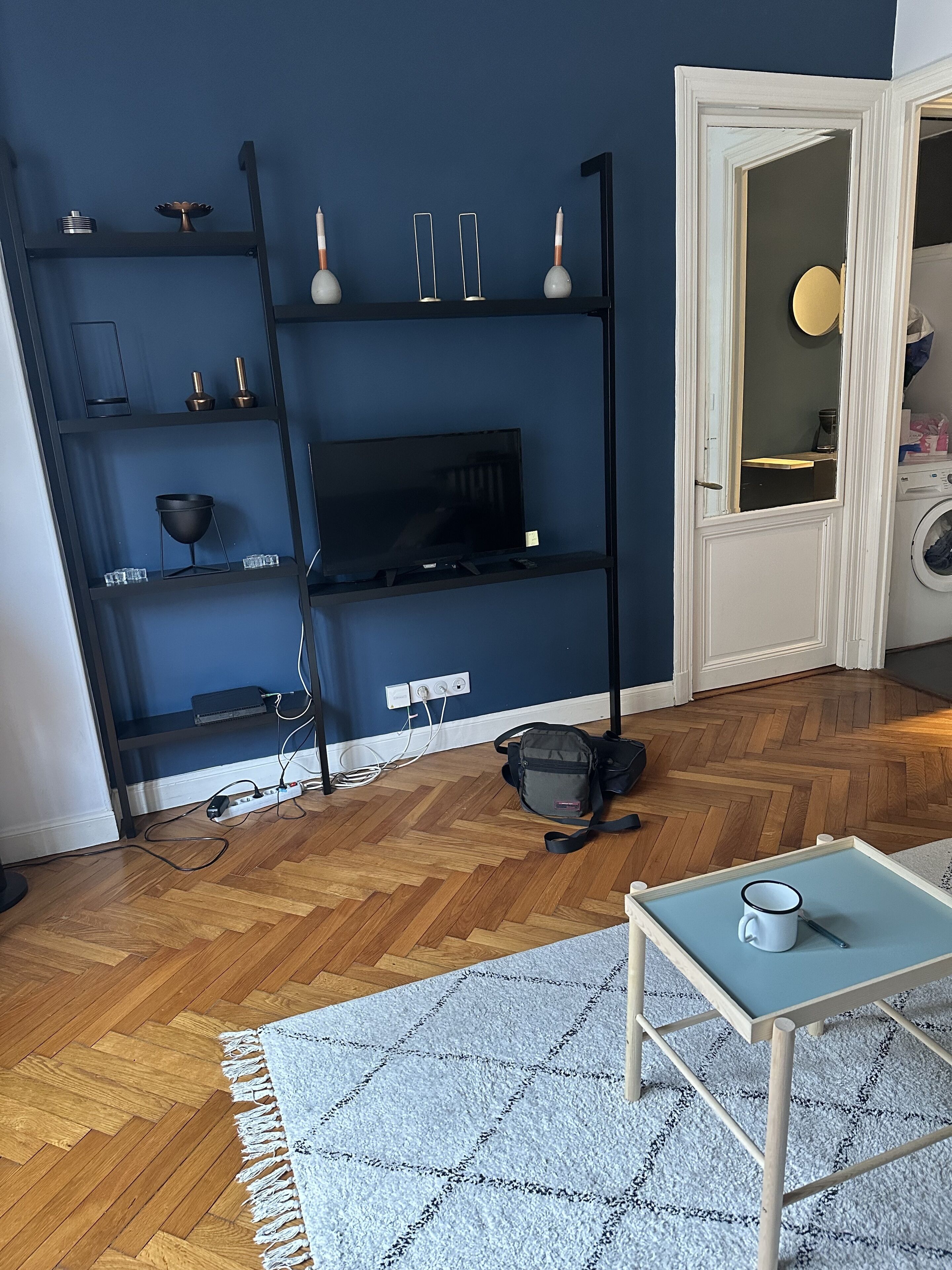 A living room with a TV on a black stand, a white door, and a washing machine in the background.